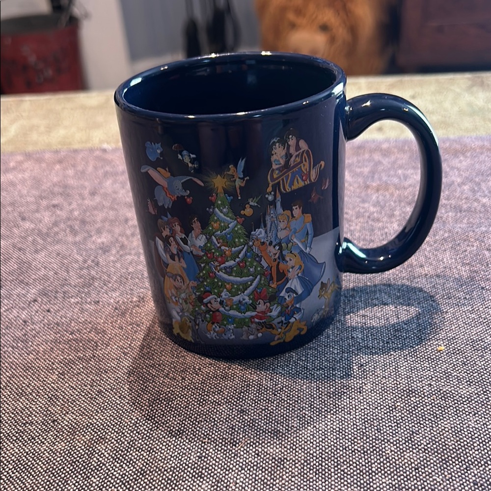 Disney Characters Decorating Christmas Tree Blue Ceramic Mug MWare 3.75"